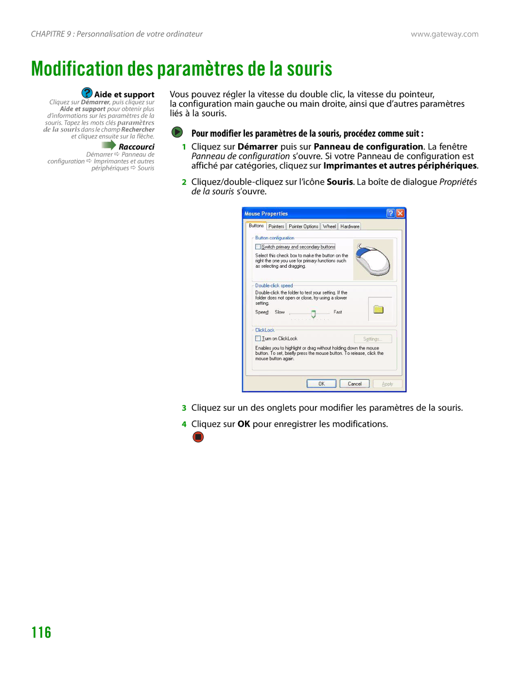 Gateway GT4015H manual Modification des paramètres de la souris, 116 