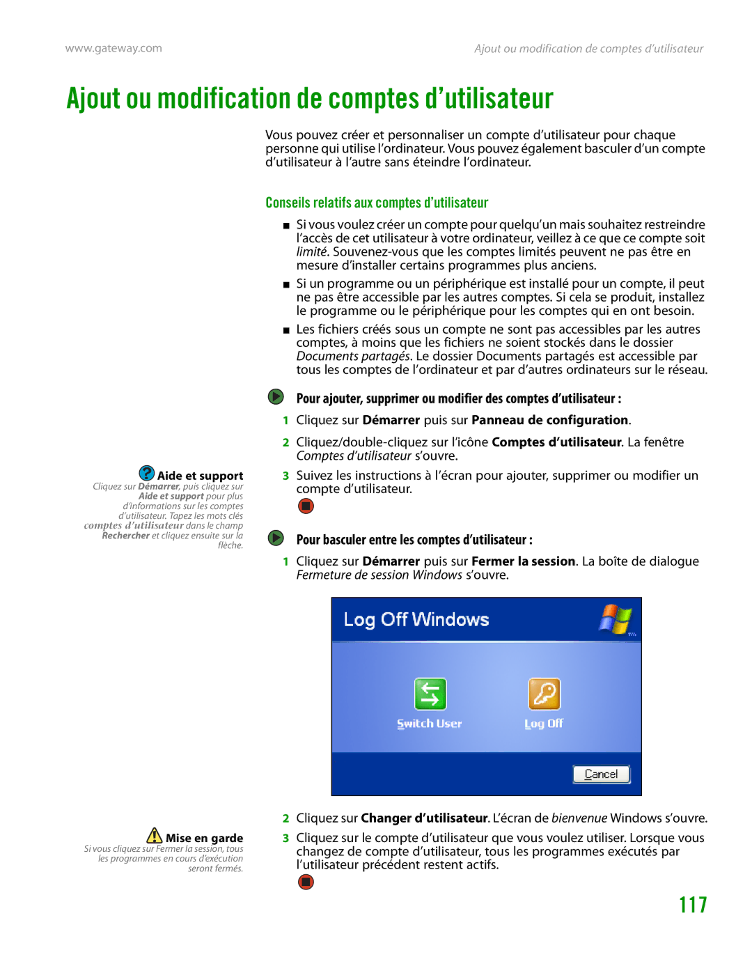 Gateway GT4015H manual Ajout ou modification de comptes d’utilisateur, Conseils relatifs aux comptes d’utilisateur 