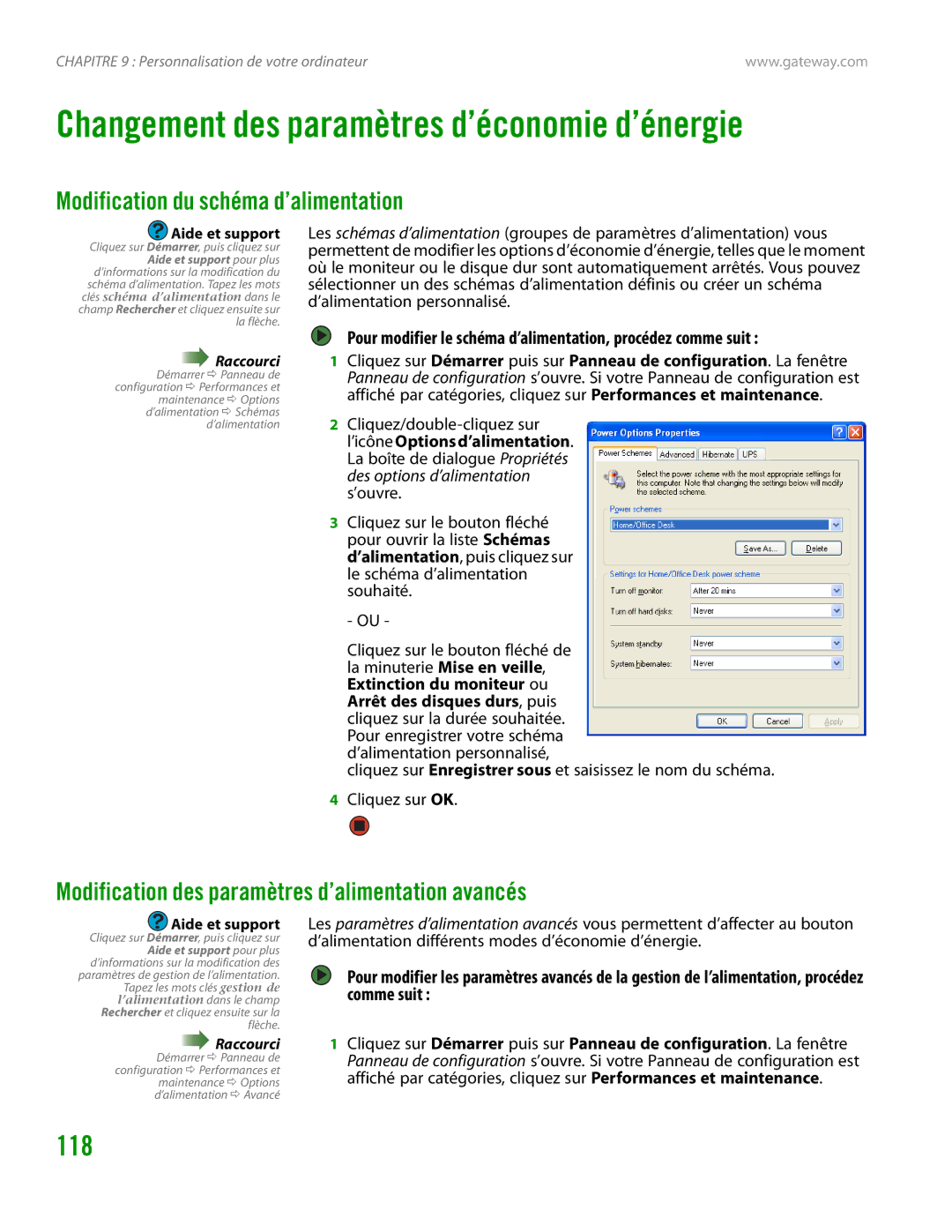 Gateway GT4015H manual Modification du schéma d’alimentation, Modification des paramètres d’alimentation avancés 