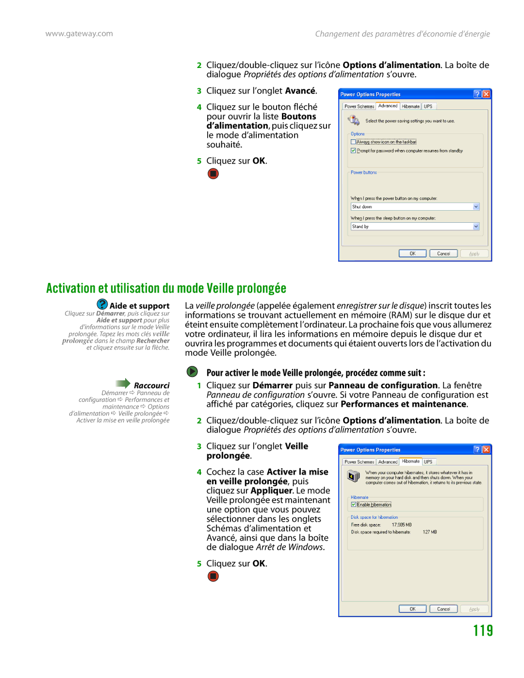 Gateway GT4015H manual Activation et utilisation du mode Veille prolongée 