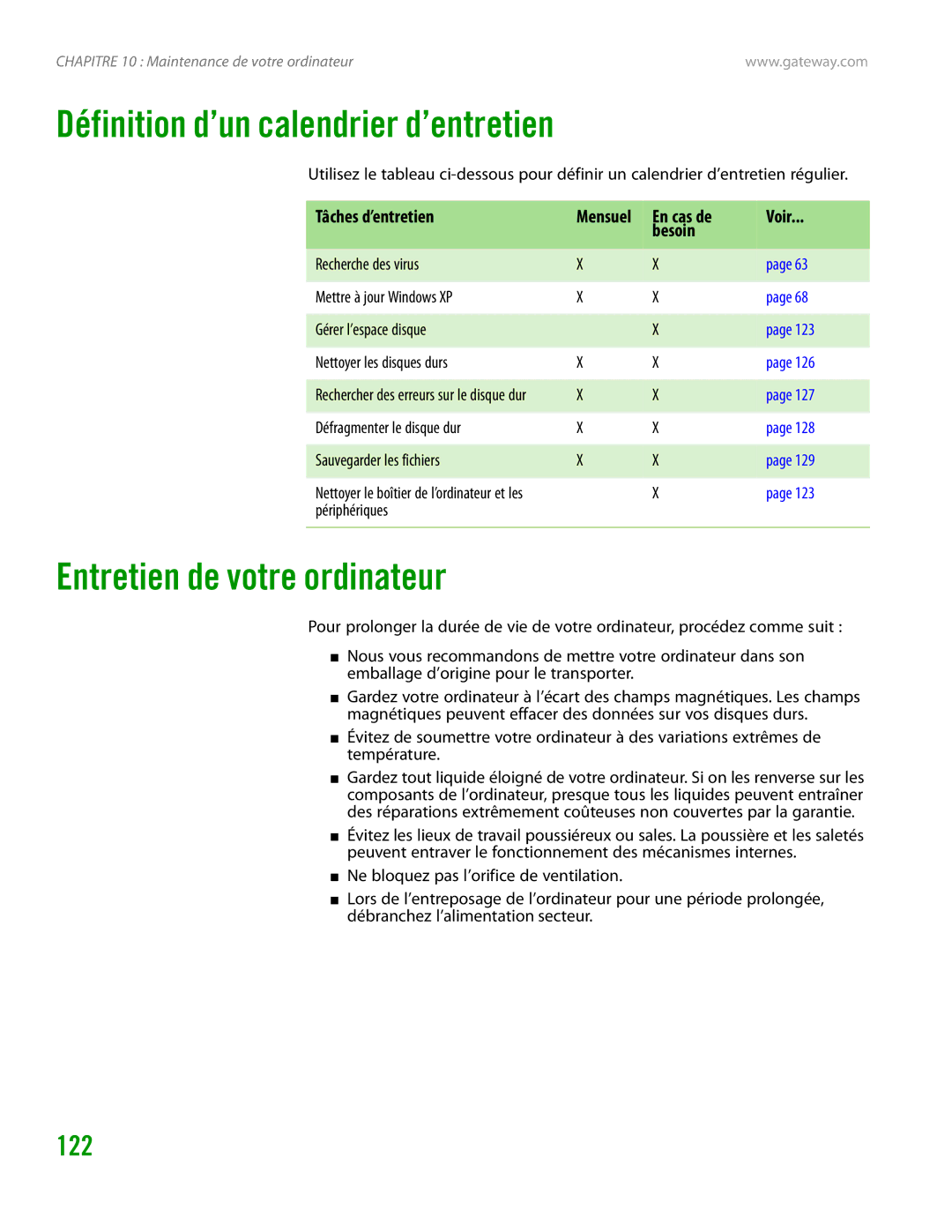 Gateway GT4015H manual Définition d’un calendrier d’entretien, Entretien de votre ordinateur, Périphériques 