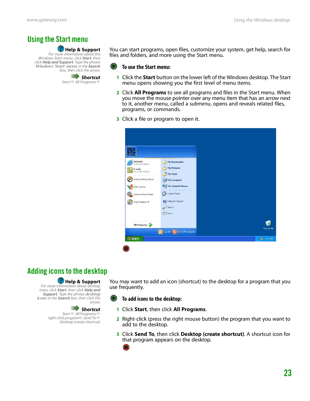 Gateway GT4015H Using the Start menu, Adding icons to the desktop, To use the Start menu, To add icons to the desktop 