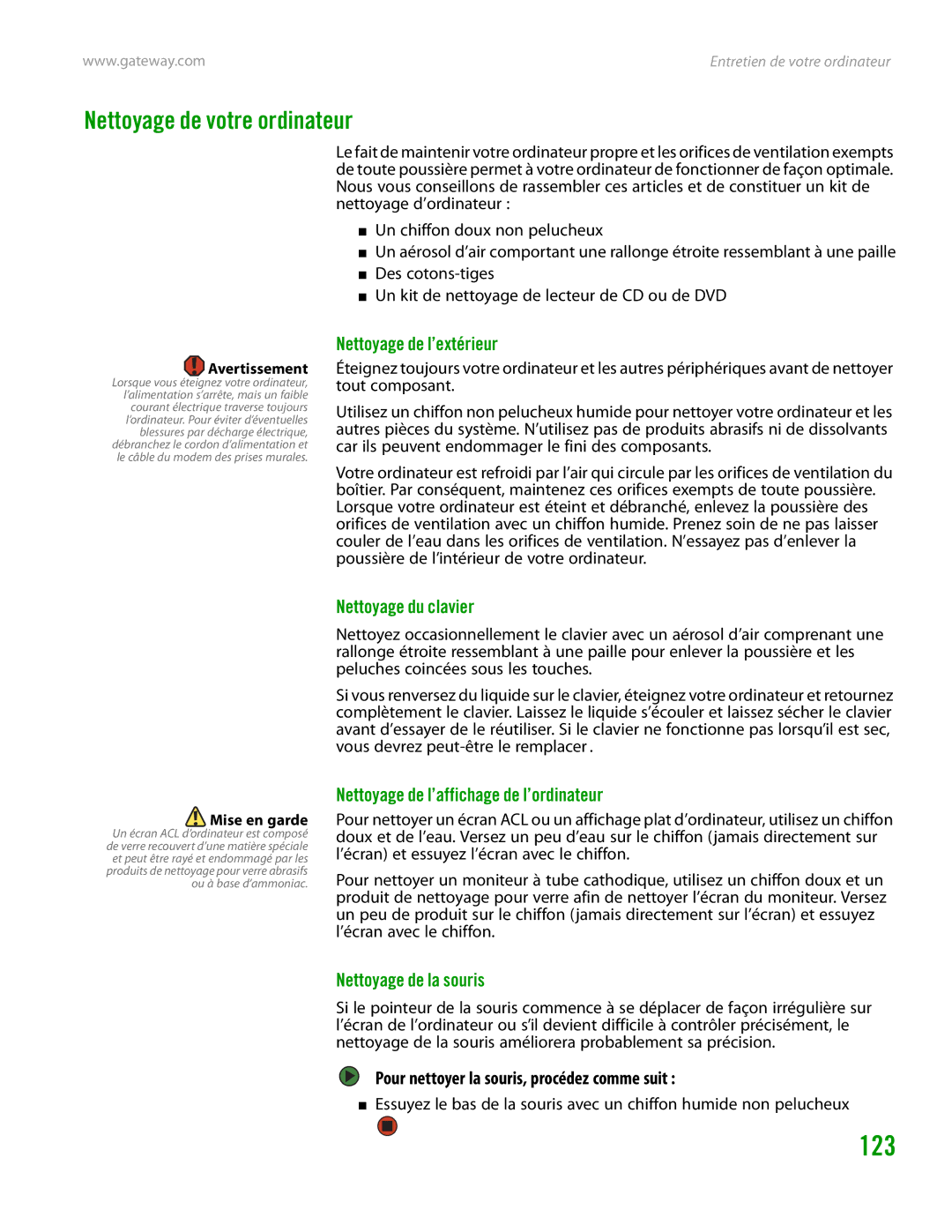 Gateway GT4015H Nettoyage de votre ordinateur, Nettoyage de l’extérieur, Nettoyage du clavier, Nettoyage de la souris 