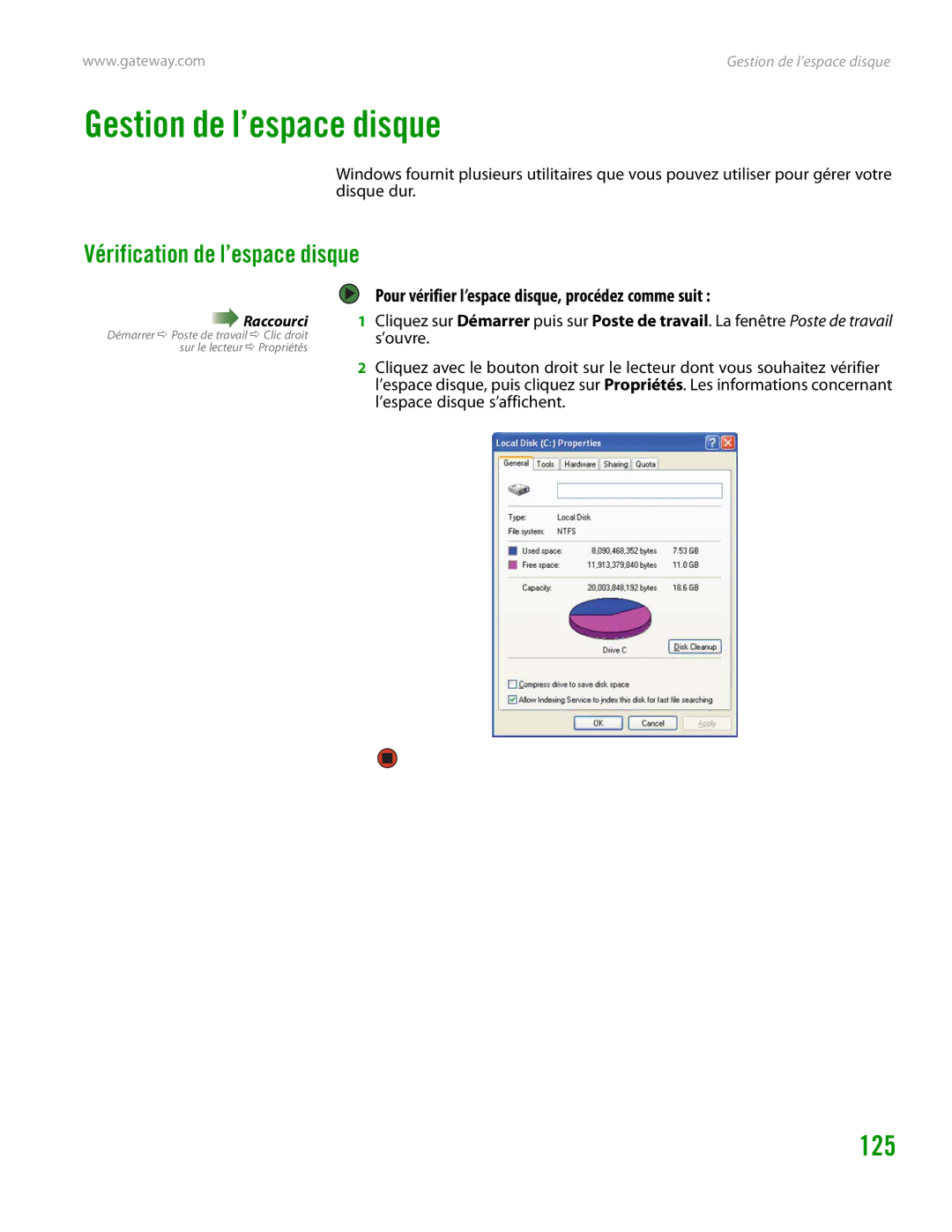 Gateway GT4015H manual Gestion de l’espace disque, Vérification de l’espace disque 