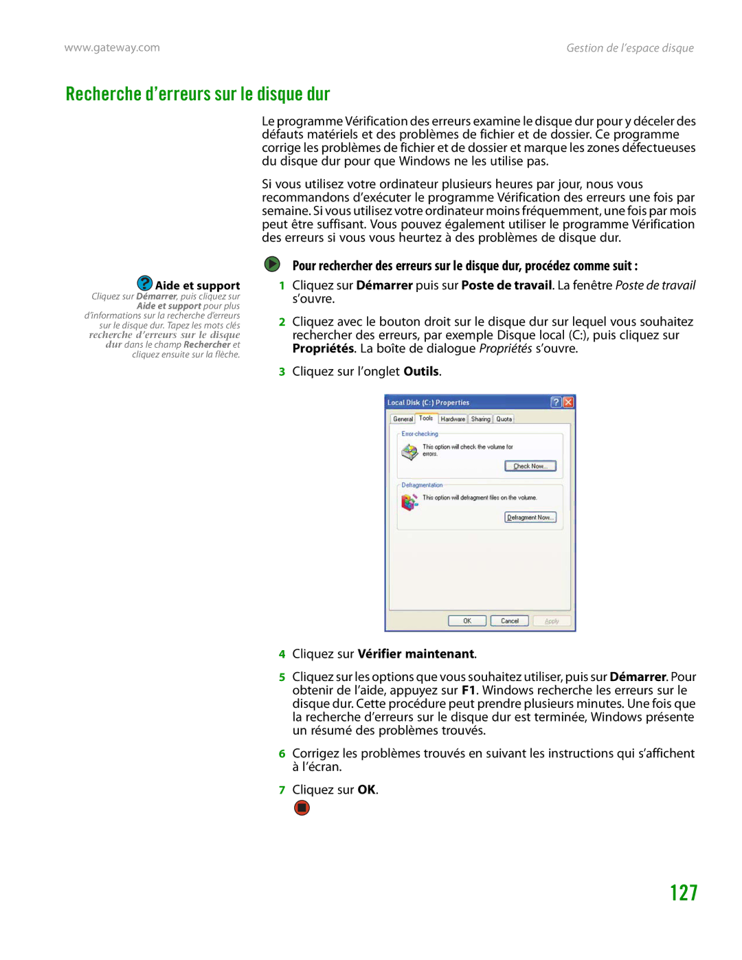 Gateway GT4015H manual Recherche d’erreurs sur le disque dur, Cliquez sur Vérifier maintenant 