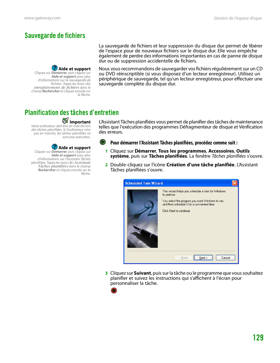 Gateway GT4015H manual Sauvegarde de fichiers, Planification des tâches d’entretien 