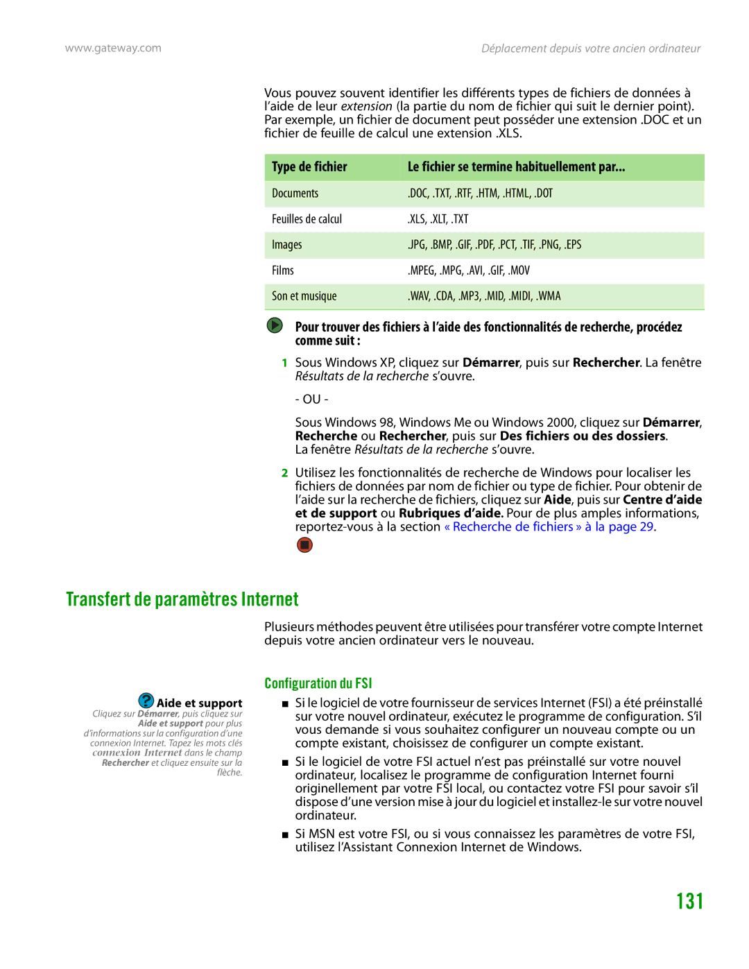 Gateway GT4015H manual Transfert de paramètres Internet, Type de fichier Le fichier se termine habituellement par 