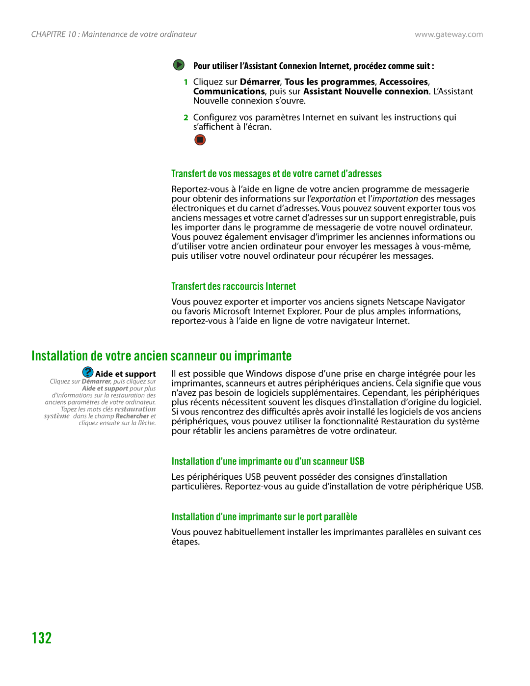 Gateway GT4015H manual Installation de votre ancien scanneur ou imprimante, Transfert des raccourcis Internet 