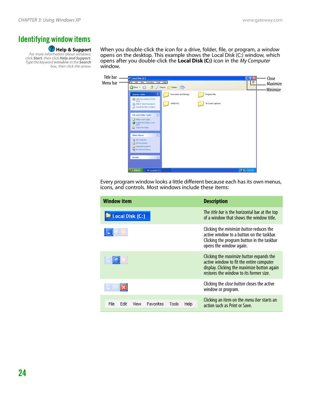 Gateway GT4015H manual Window item Description, Opens the window again, Window or program, Action such as Print or Save 