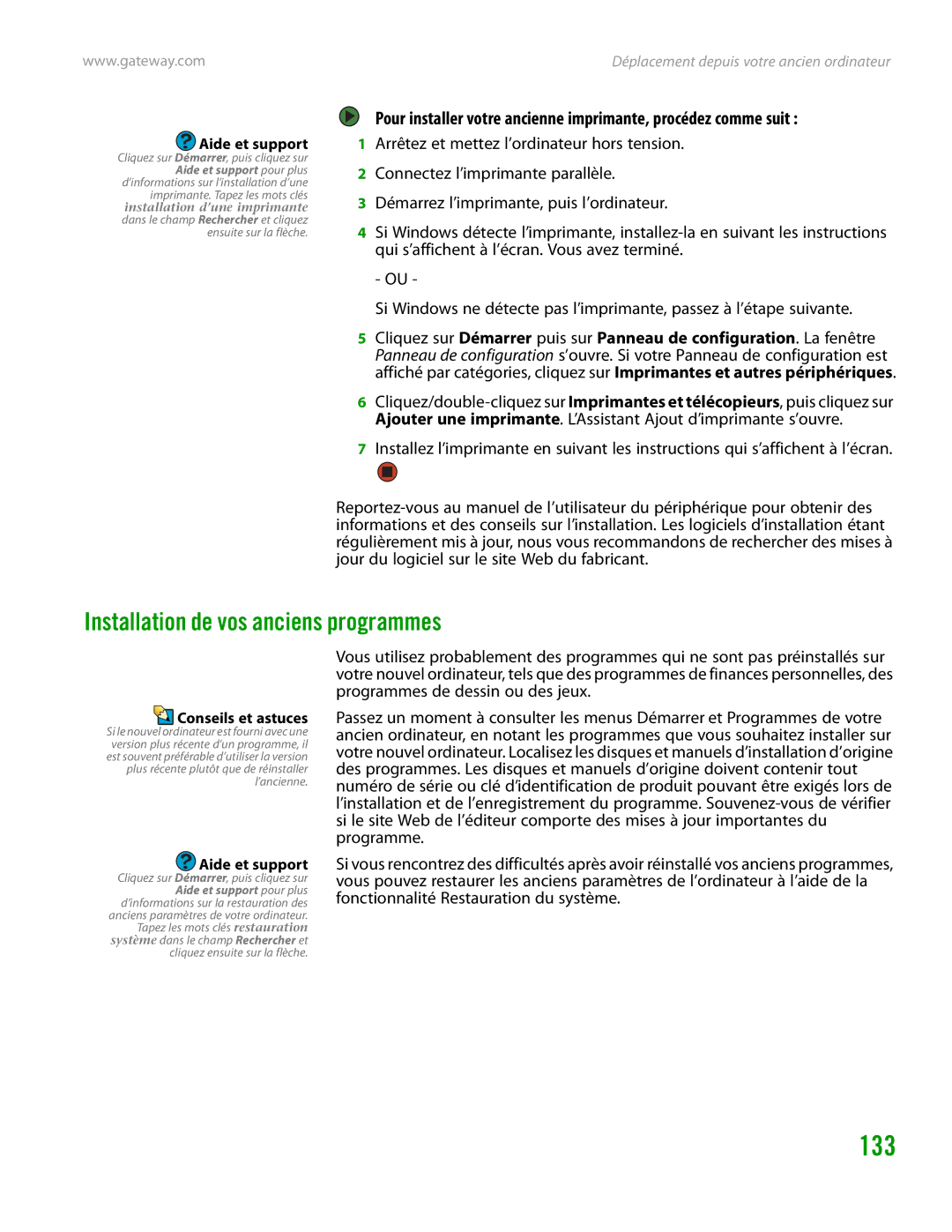 Gateway GT4015H manual 133, Installation de vos anciens programmes 