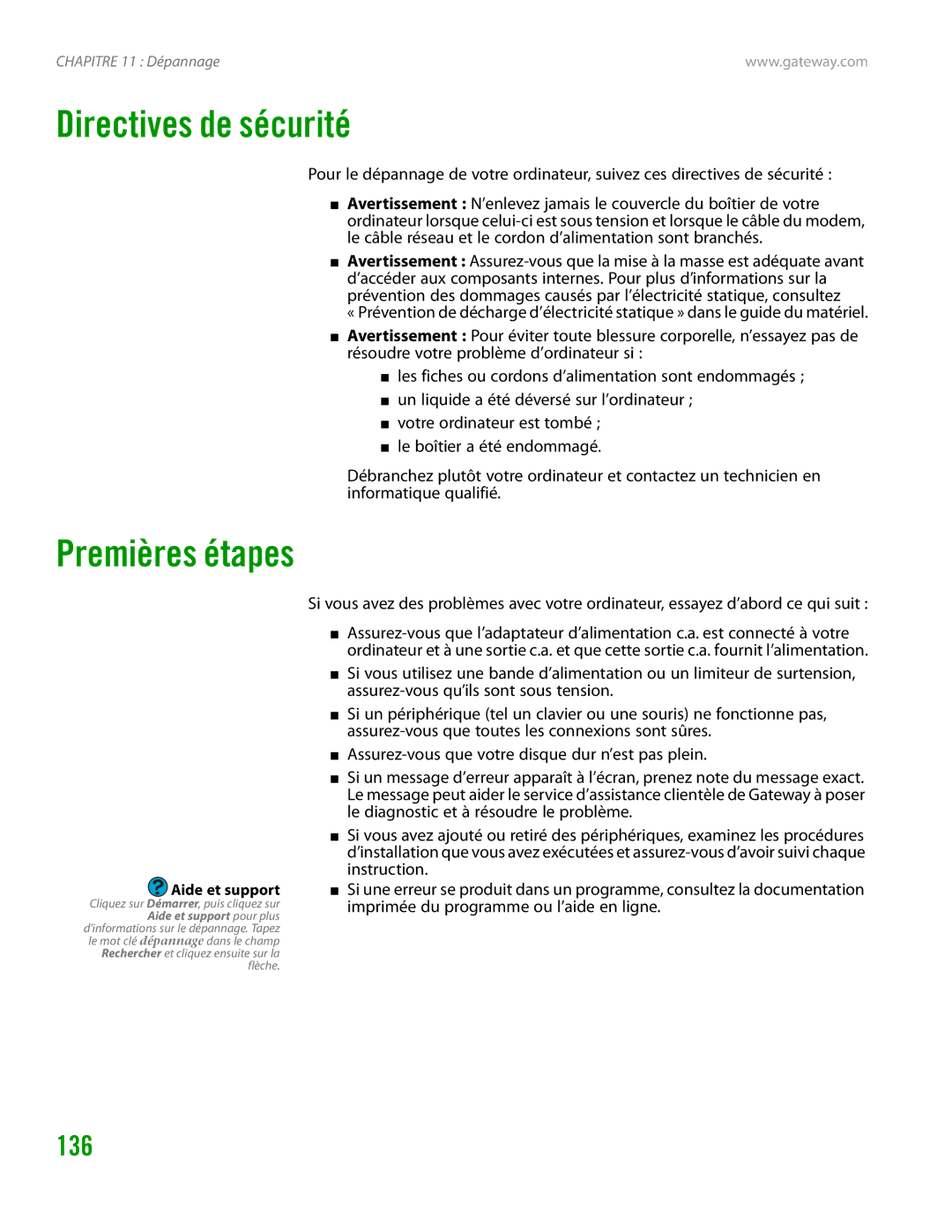 Gateway GT4015H manual Directives de sécurité, Premières étapes 