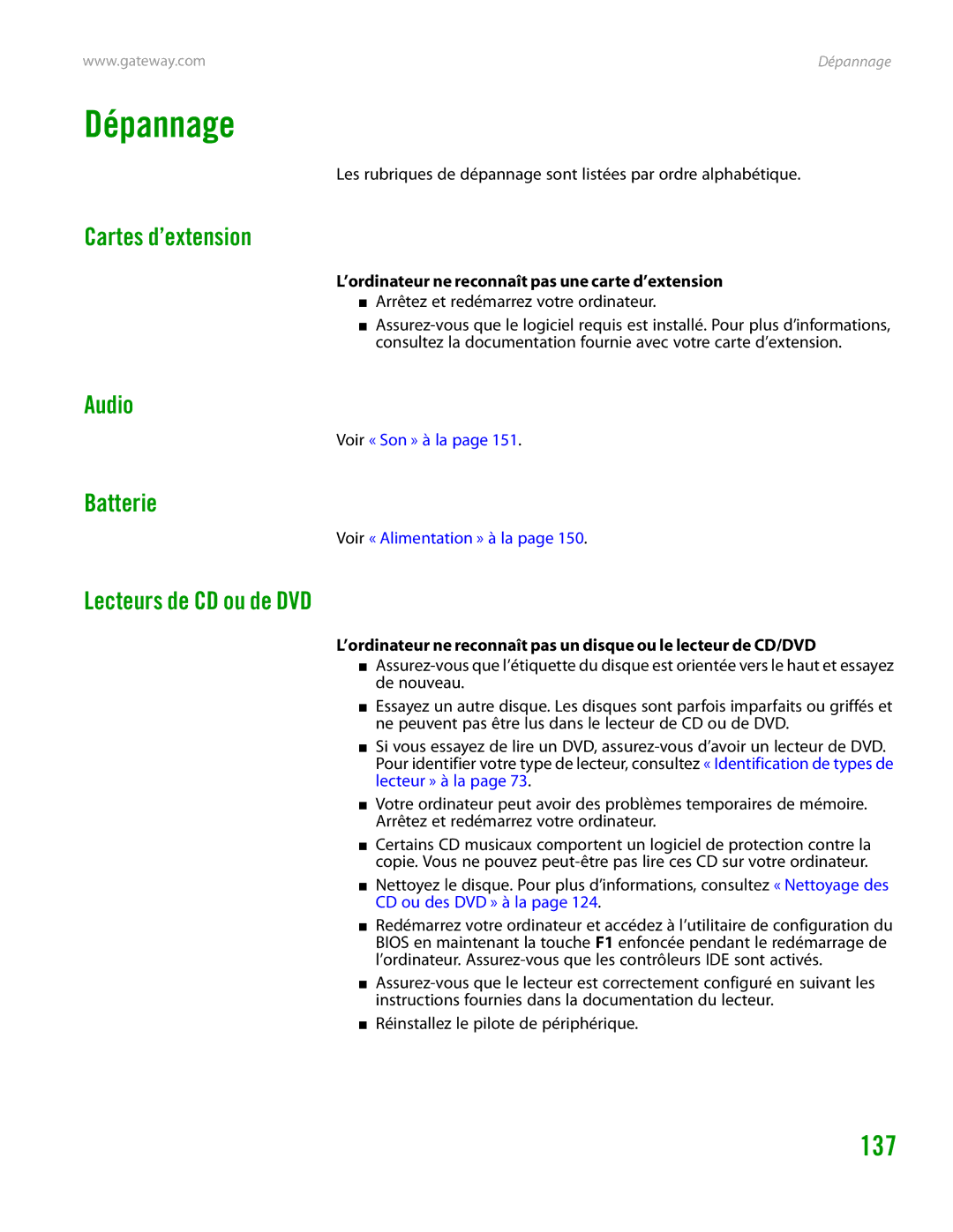 Gateway GT4015H manual Dépannage, Cartes d’extension, Batterie, Lecteurs de CD ou de DVD 