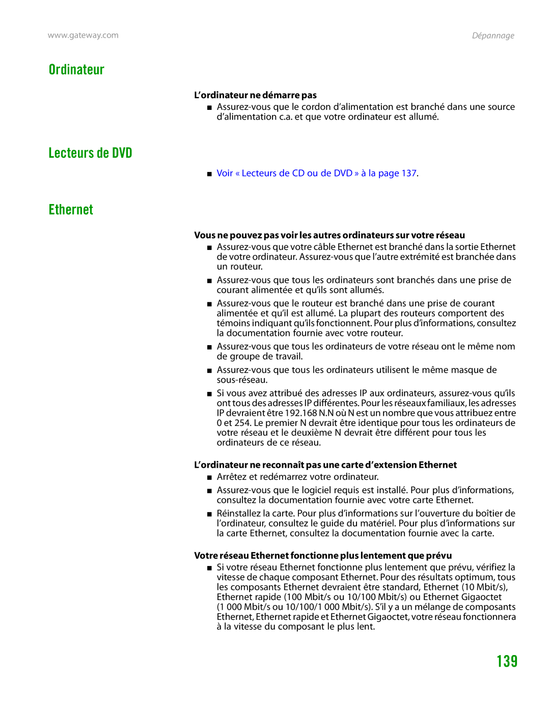 Gateway GT4015H manual Ordinateur Lecteurs de DVD Ethernet, ’ordinateur ne démarre pas 