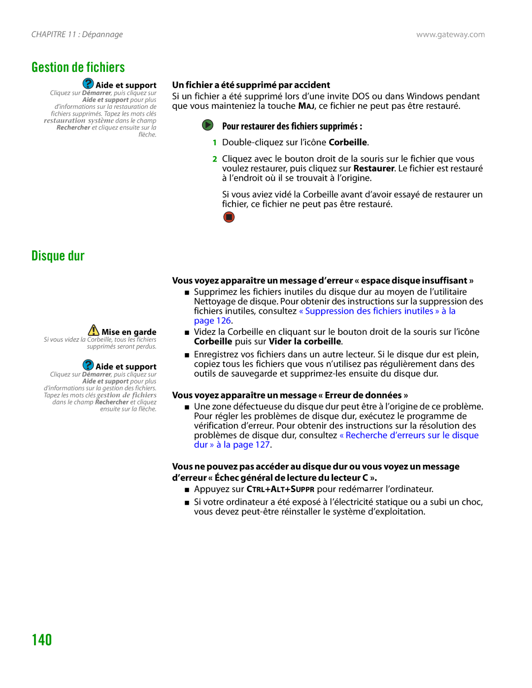 Gateway GT4015H manual Gestion de fichiers, Disque dur, Pour restaurer des fichiers supprimés 