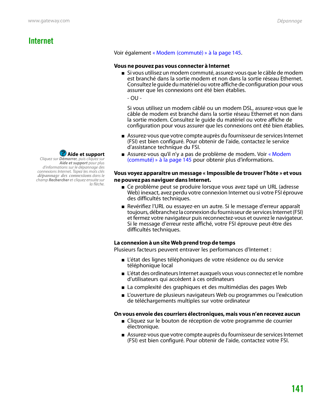 Gateway GT4015H manual Vous ne pouvez pas vous connecter à Internet, La connexion à un site Web prend trop de temps 