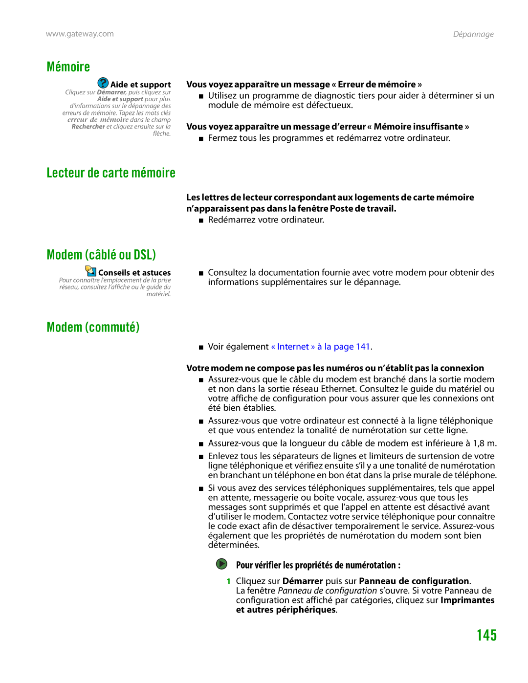 Gateway GT4015H manual Mémoire, Lecteur de carte mémoire, Modem câblé ou DSL, Modem commuté 