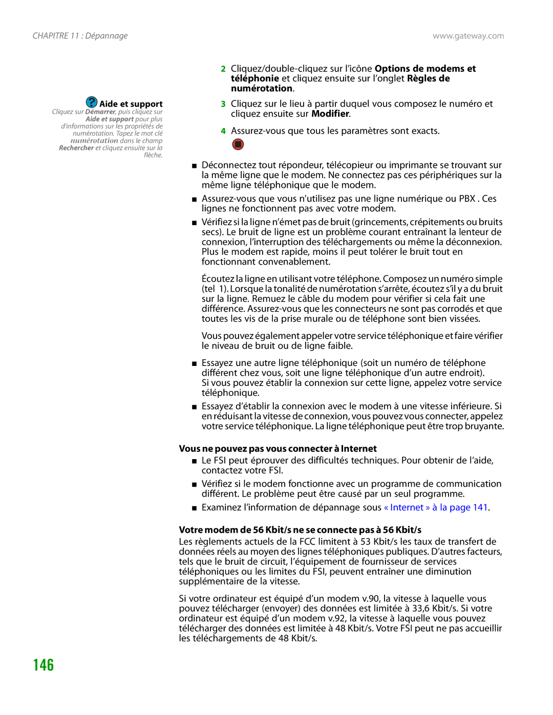 Gateway GT4015H manual Examinez l’information de dépannage sous « Internet » à la 