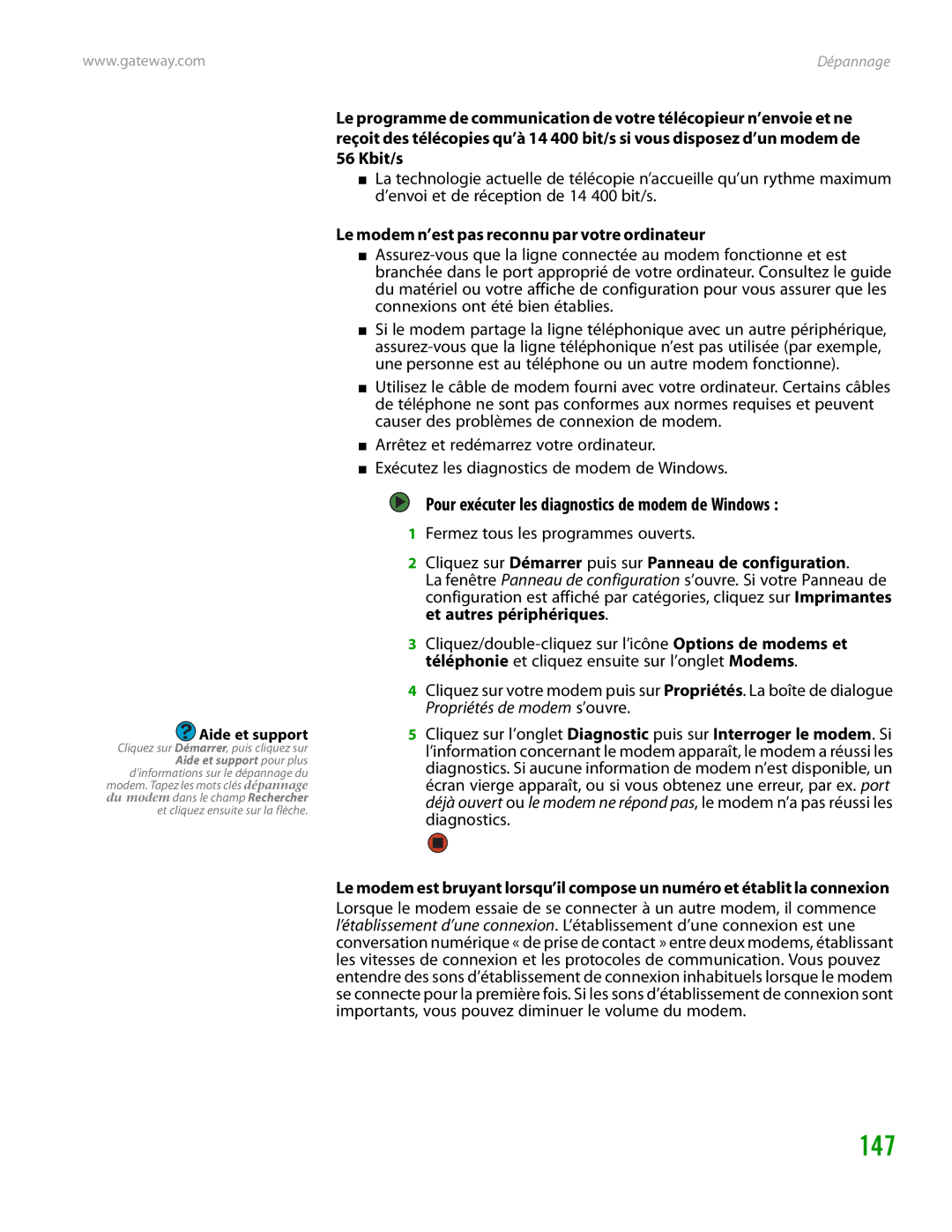 Gateway GT4015H Pour exécuter les diagnostics de modem de Windows, Kbit/s, Le modem n’est pas reconnu par votre ordinateur 