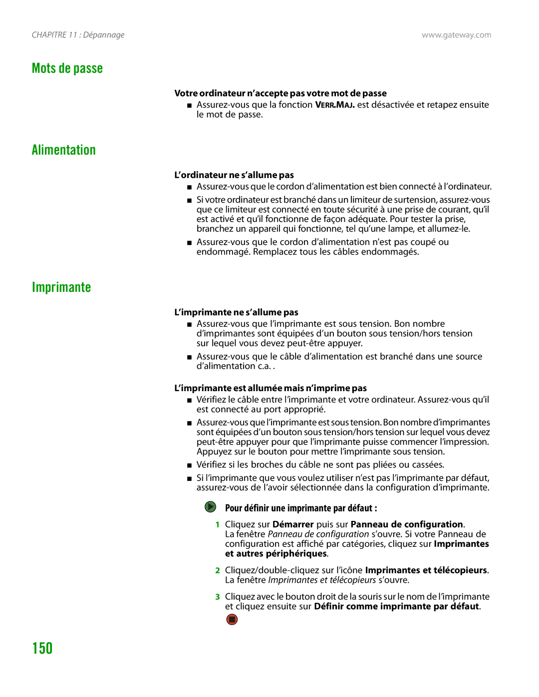 Gateway GT4015H manual 150, Mots de passe, Alimentation, Imprimante, Pour définir une imprimante par défaut 