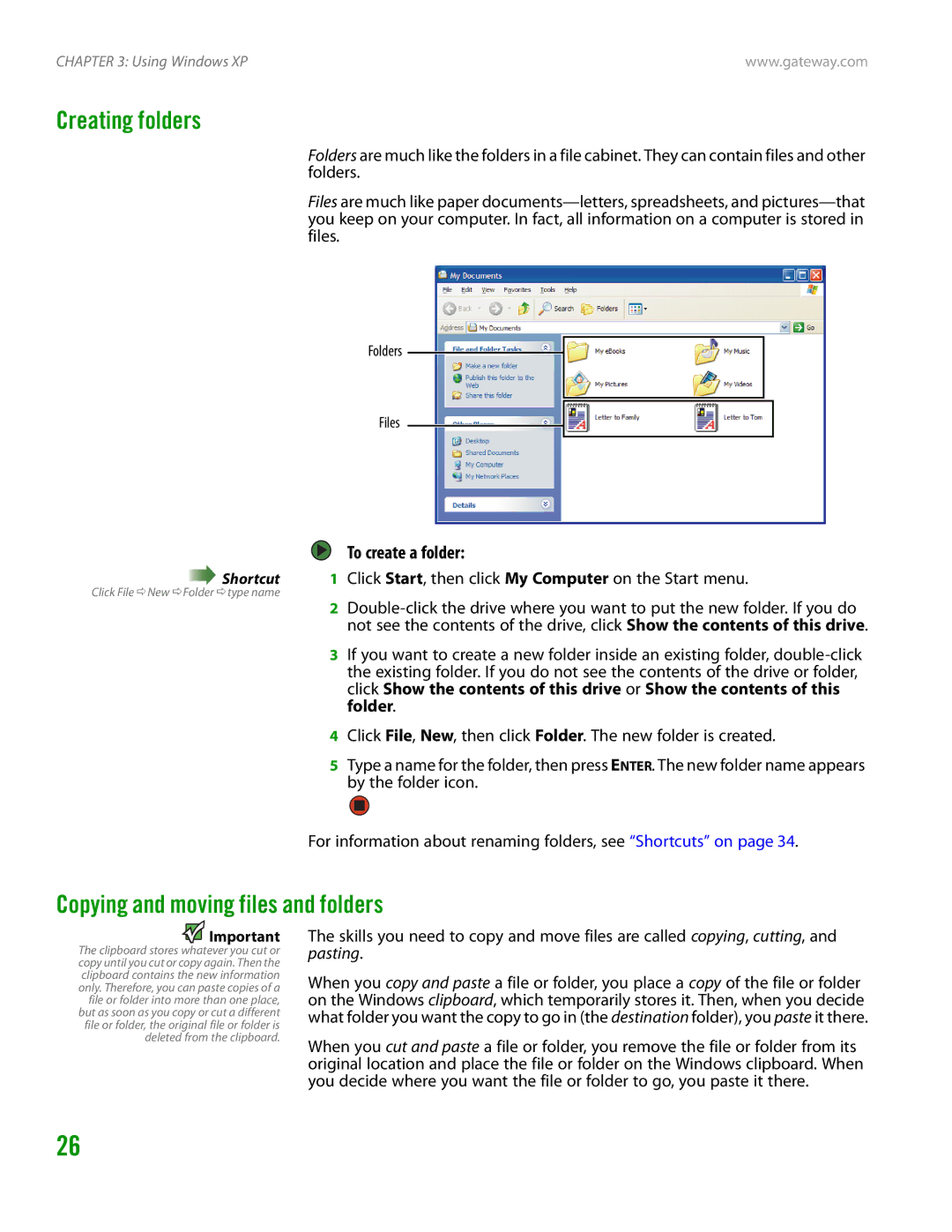 Gateway GT4015H manual Creating folders, Copying and moving files and folders, To create a folder 