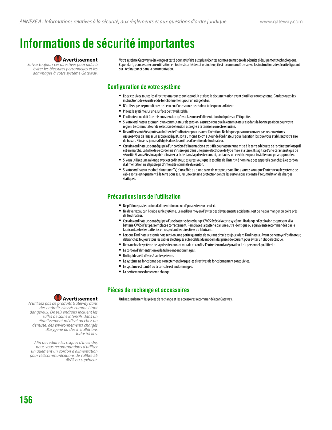 Gateway GT4015H Informations de sécurité importantes, Configuration de votre système, Précautions lors de l’utilisation 