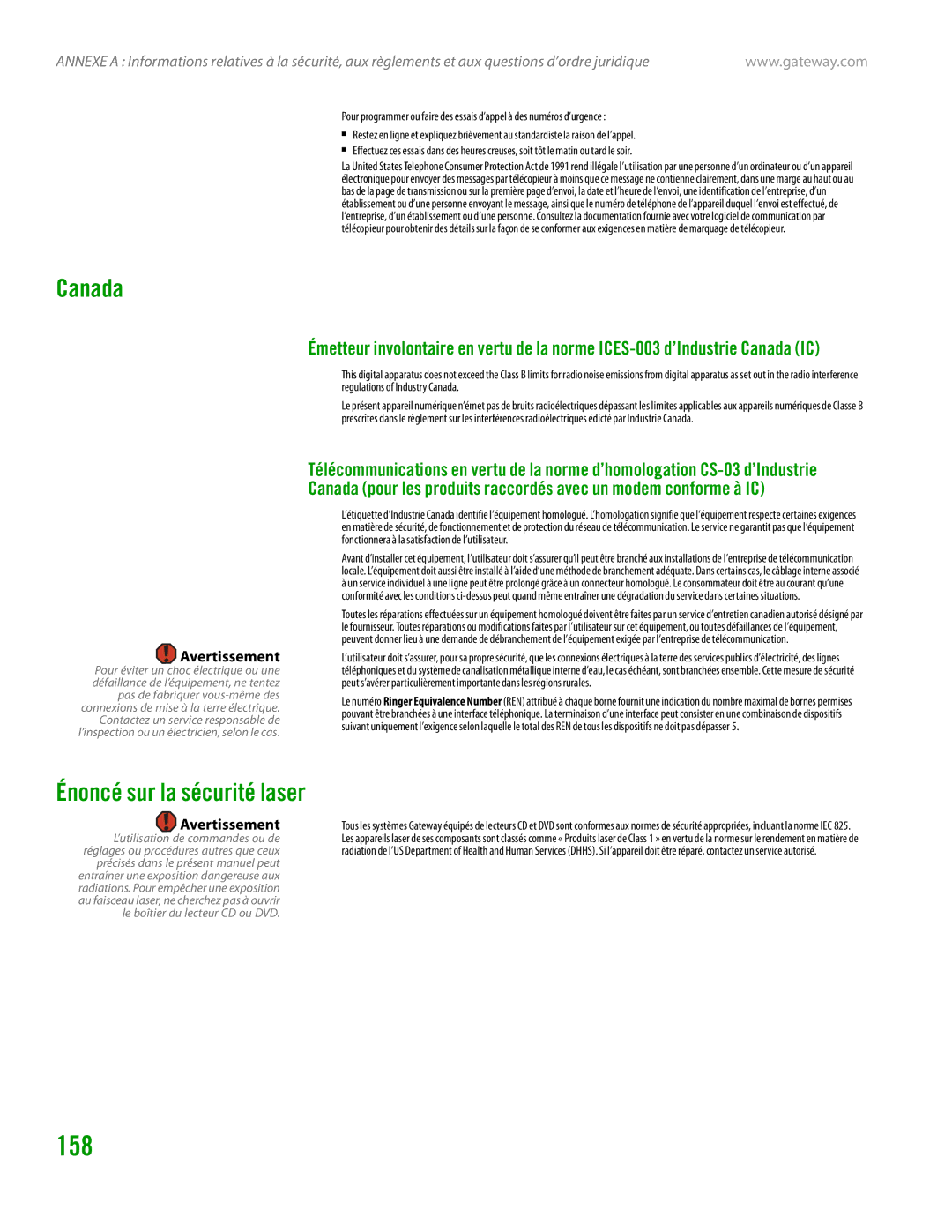 Gateway GT4015H manual Énoncé sur la sécurité laser 