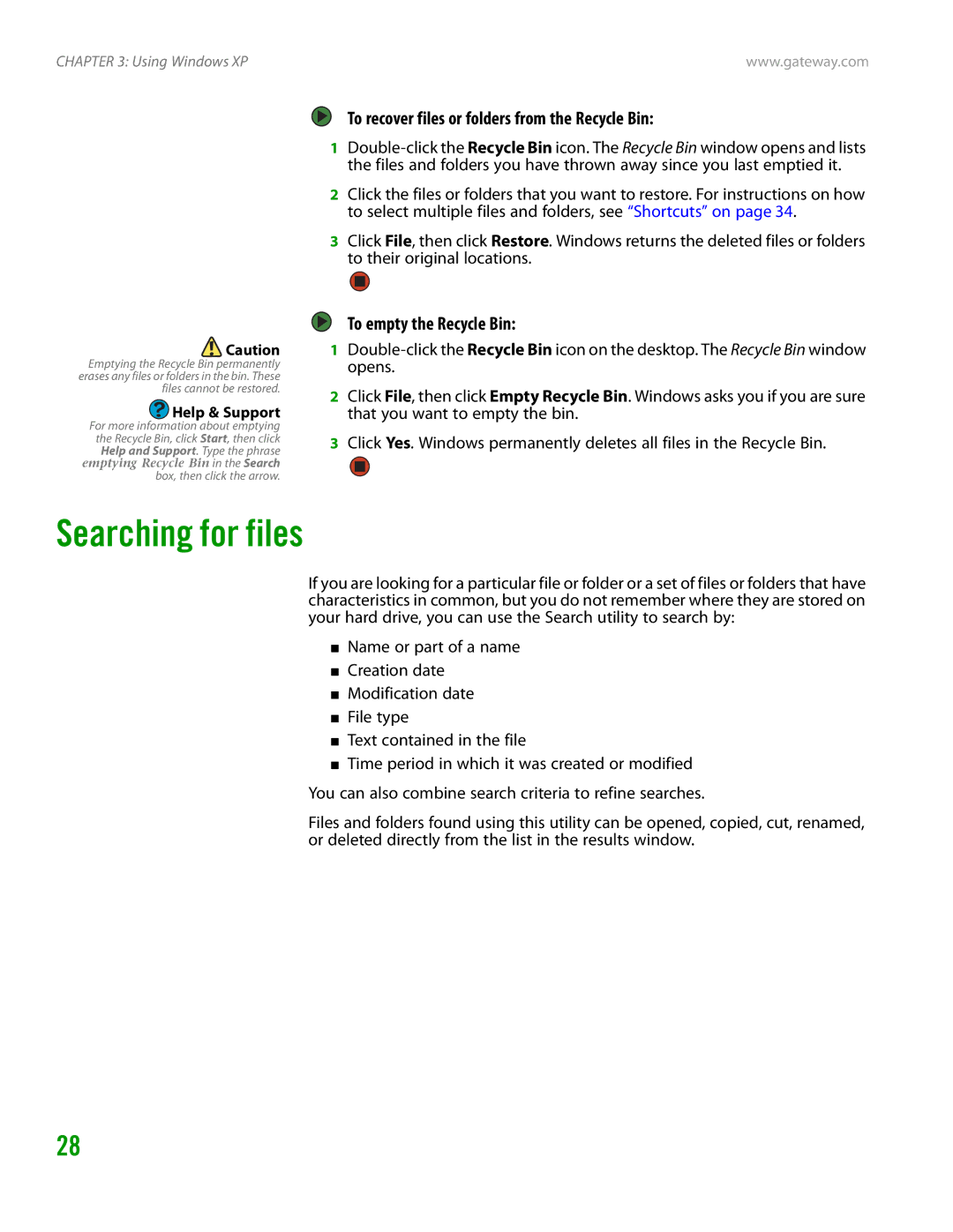 Gateway GT4015H manual Searching for files, To recover files or folders from the Recycle Bin, To empty the Recycle Bin 