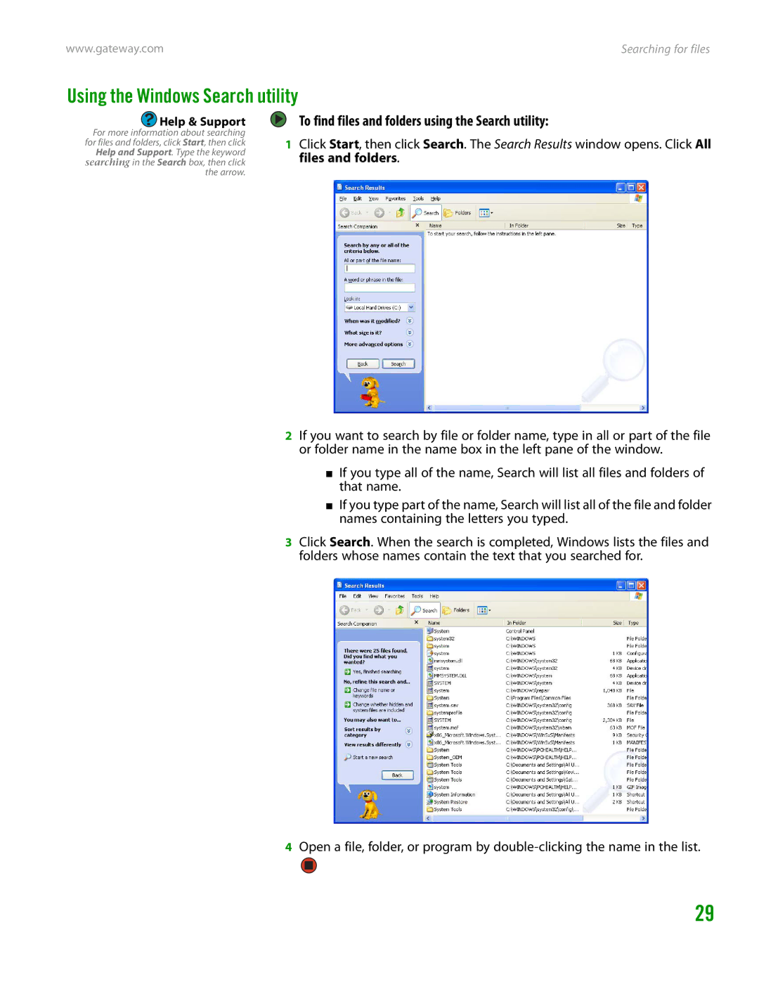 Gateway GT4015H manual Using the Windows Search utility, To find files and folders using the Search utility 