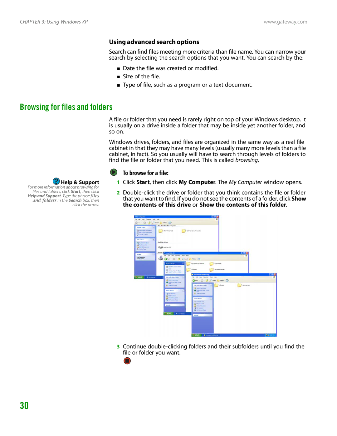 Gateway GT4015H manual Browsing for files and folders, Using advanced search options, To browse for a file 