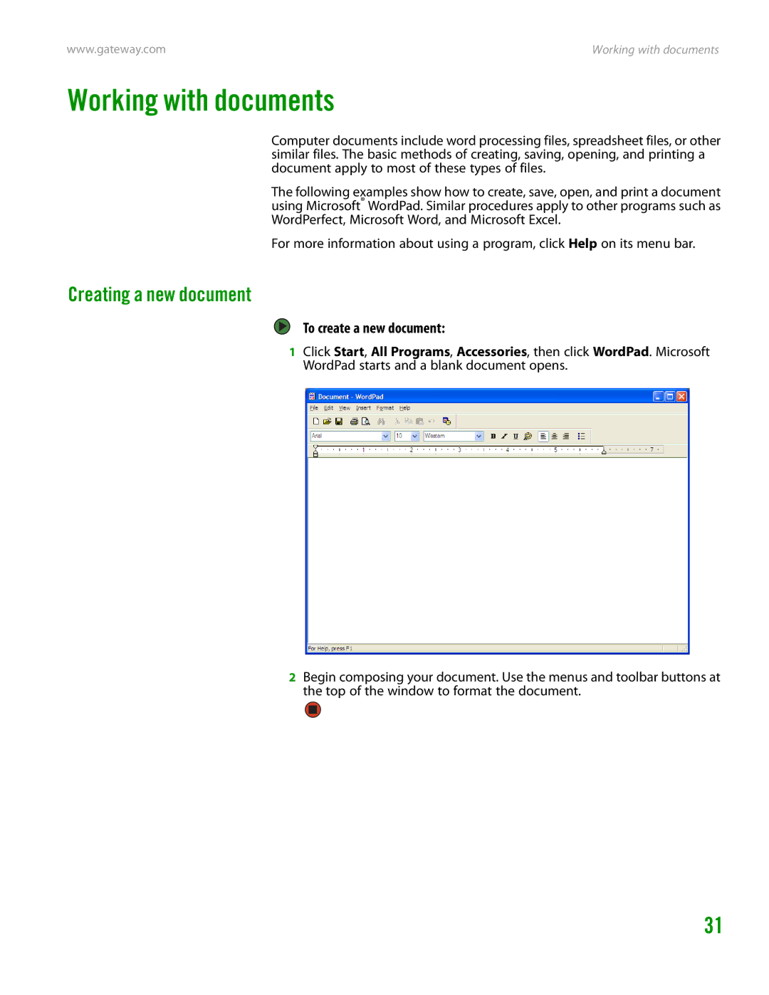 Gateway GT4015H manual Working with documents, Creating a new document, To create a new document 