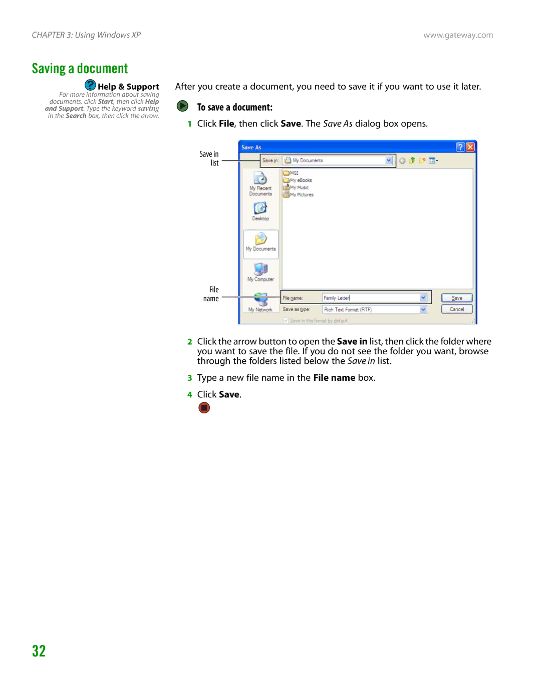 Gateway GT4015H manual Saving a document, Click File, then click Save. The Save As dialog box opens 