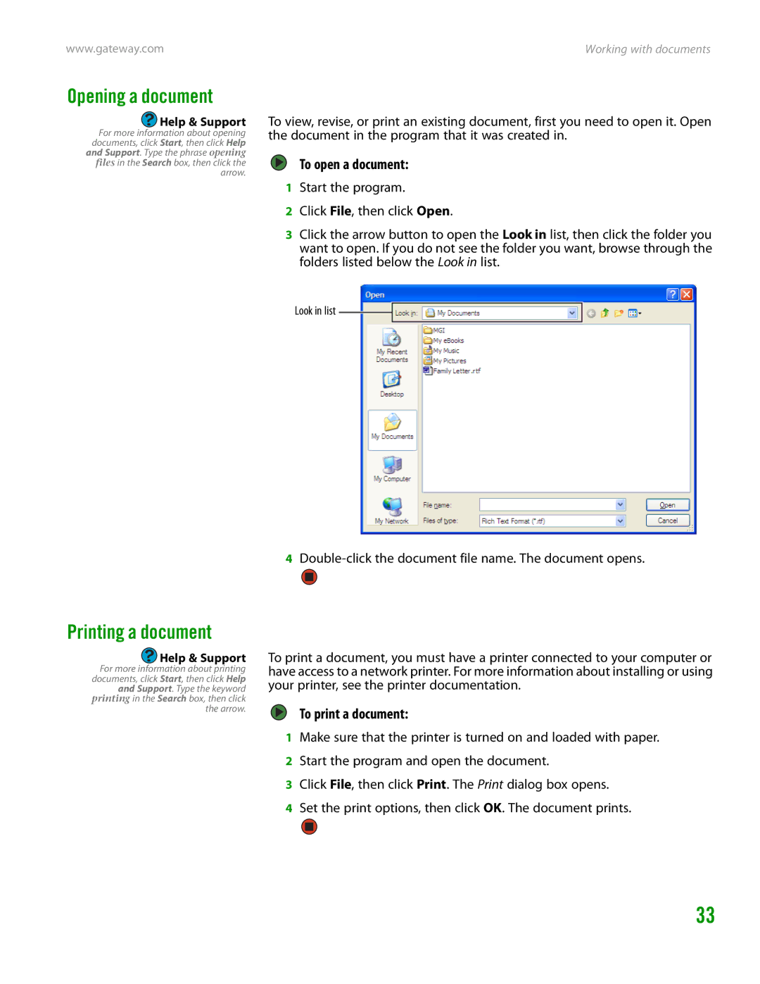 Gateway GT4015H manual Opening a document, Printing a document, To open a document, To print a document 