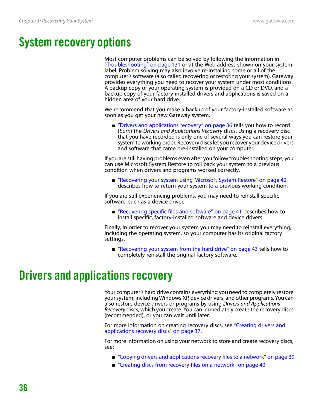 Gateway GT4015H manual System recovery options, Drivers and applications recovery 