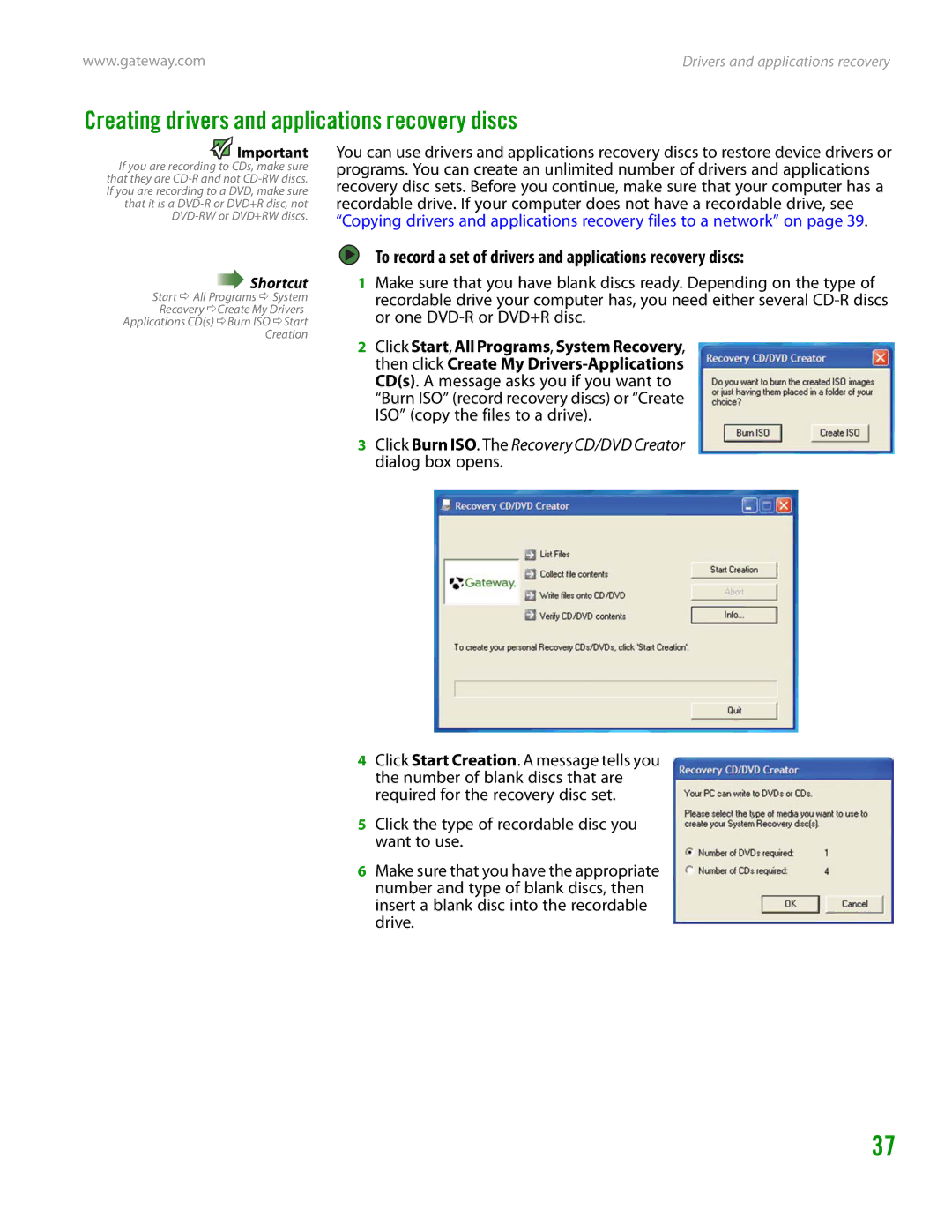 Gateway GT4015H manual Creating drivers and applications recovery discs 