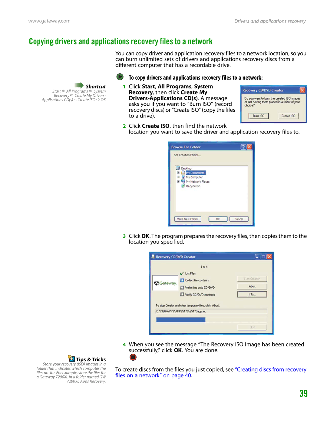 Gateway GT4015H manual Copying drivers and applications recovery files to a network 