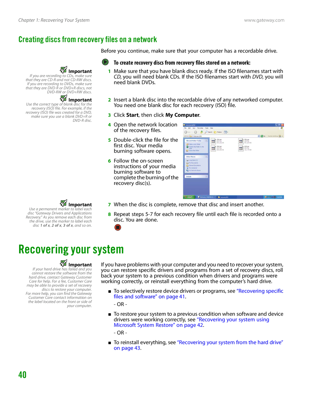 Gateway GT4015H manual Recovering your system, Creating discs from recovery files on a network 