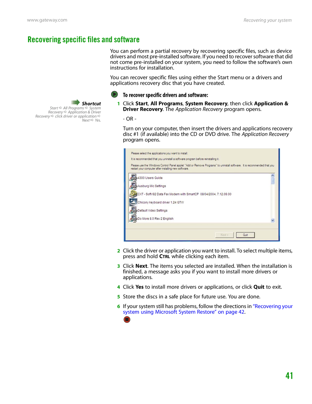 Gateway GT4015H manual Recovering specific files and software, To recover specific drivers and software 