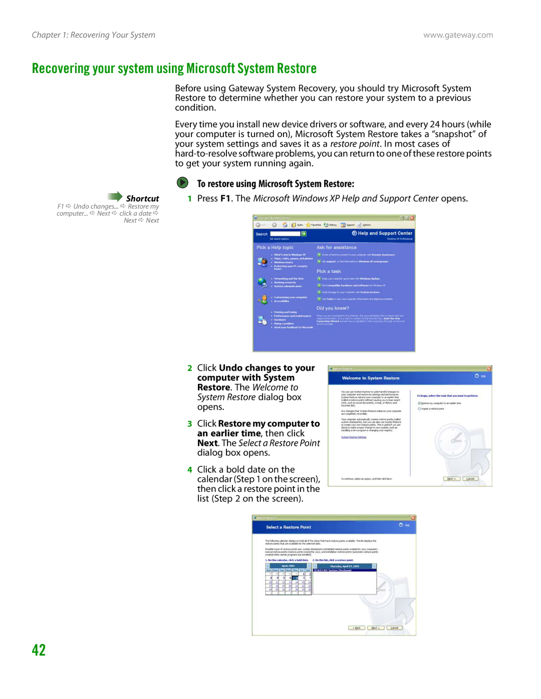 Gateway GT4015H manual Recovering your system using Microsoft System Restore, To restore using Microsoft System Restore 