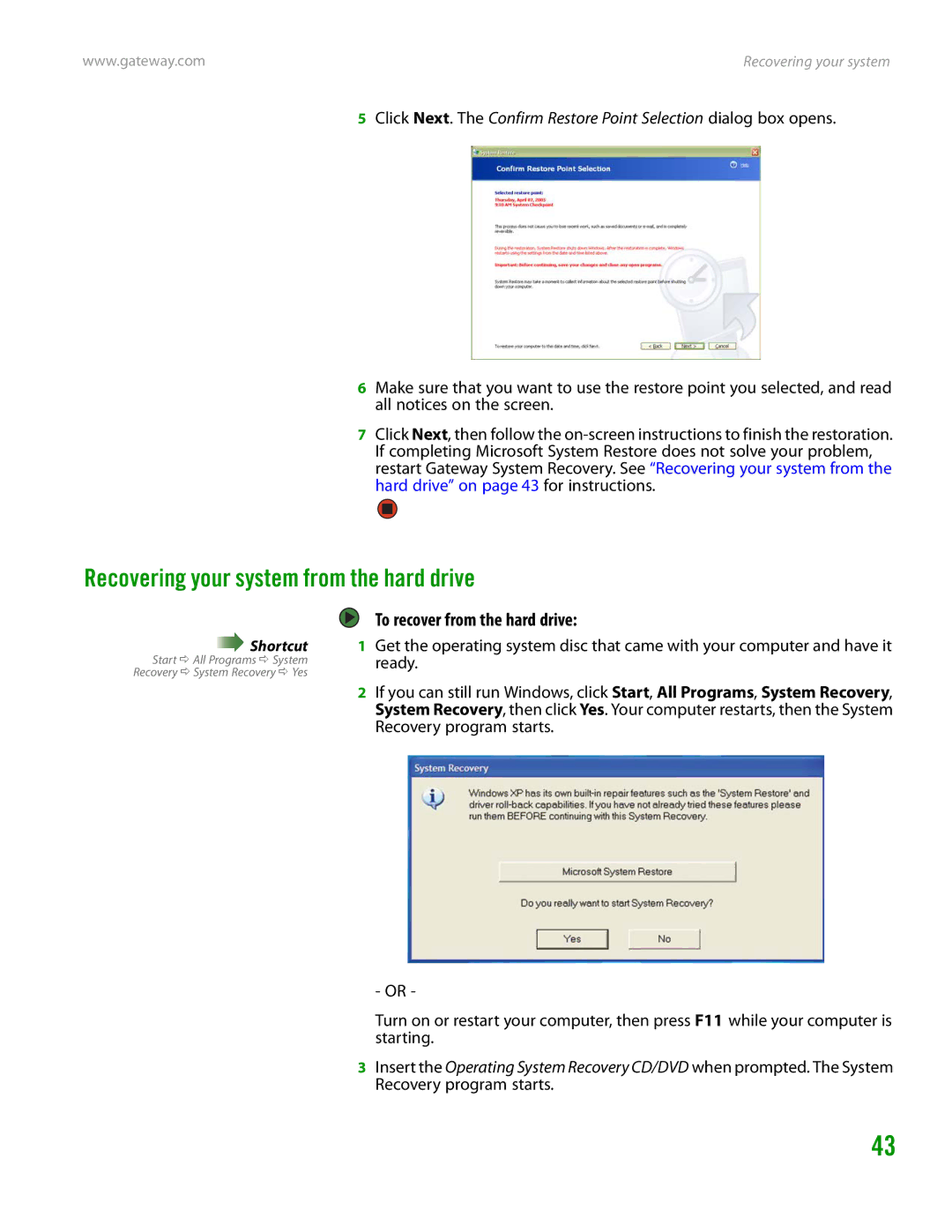 Gateway GT4015H manual Recovering your system from the hard drive, To recover from the hard drive 