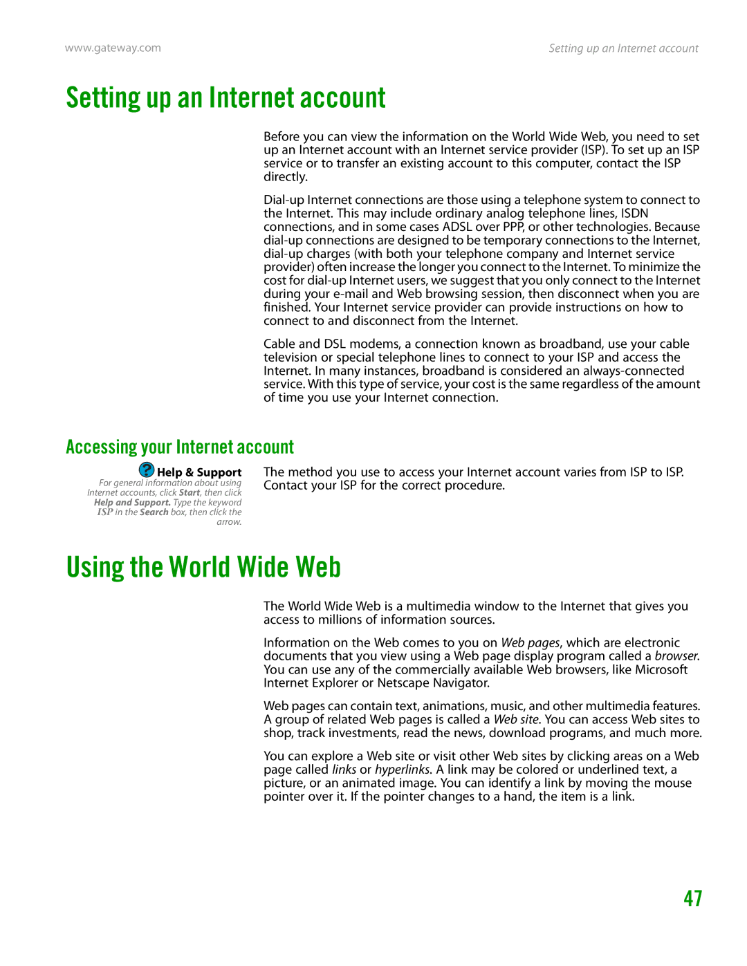 Gateway GT4015H manual Setting up an Internet account, Using the World Wide Web, Accessing your Internet account 