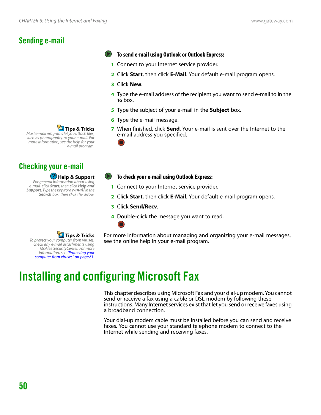 Gateway GT4015H manual Installing and configuring Microsoft Fax, Sending e-mail, Checking your e-mail 