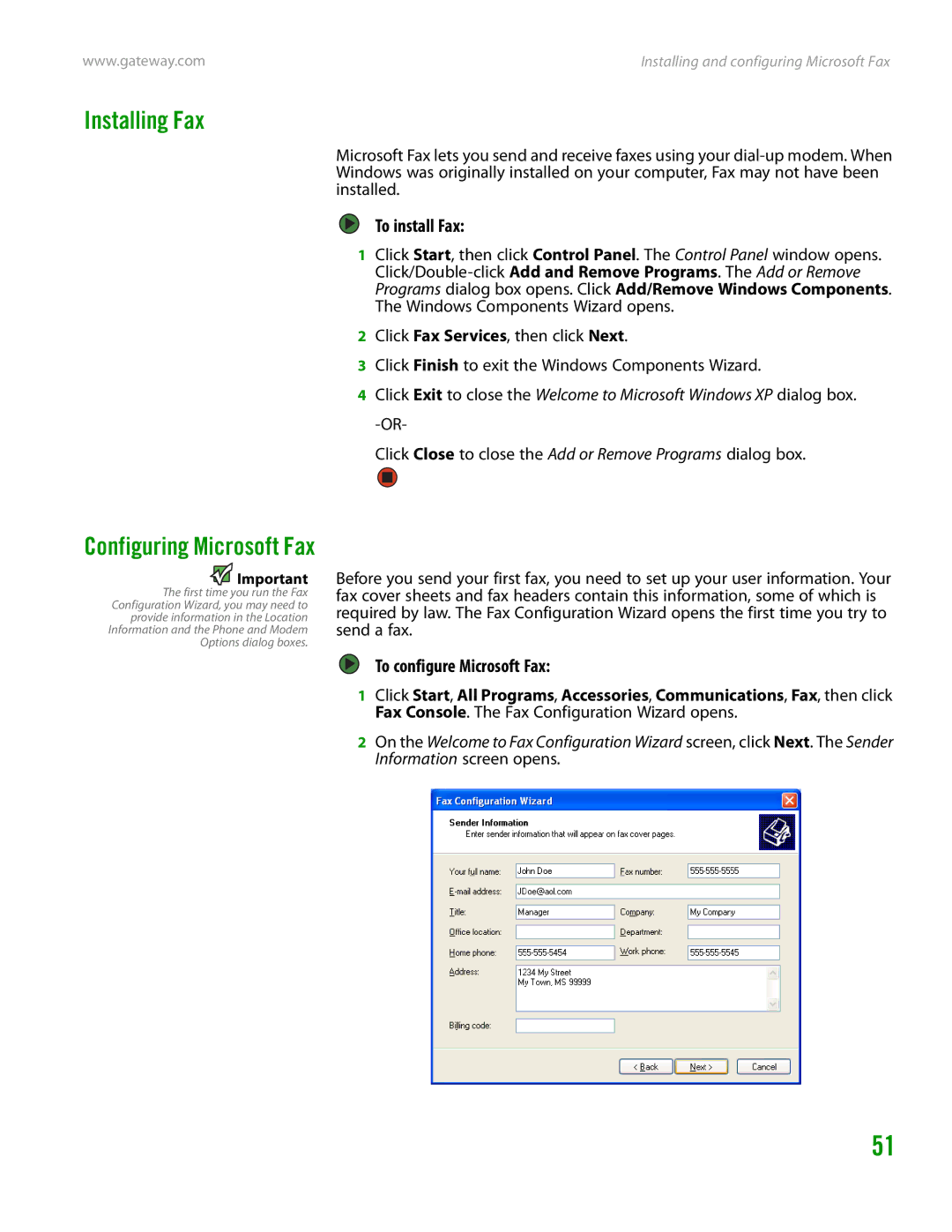 Gateway GT4015H manual Installing Fax, To install Fax, To configure Microsoft Fax 