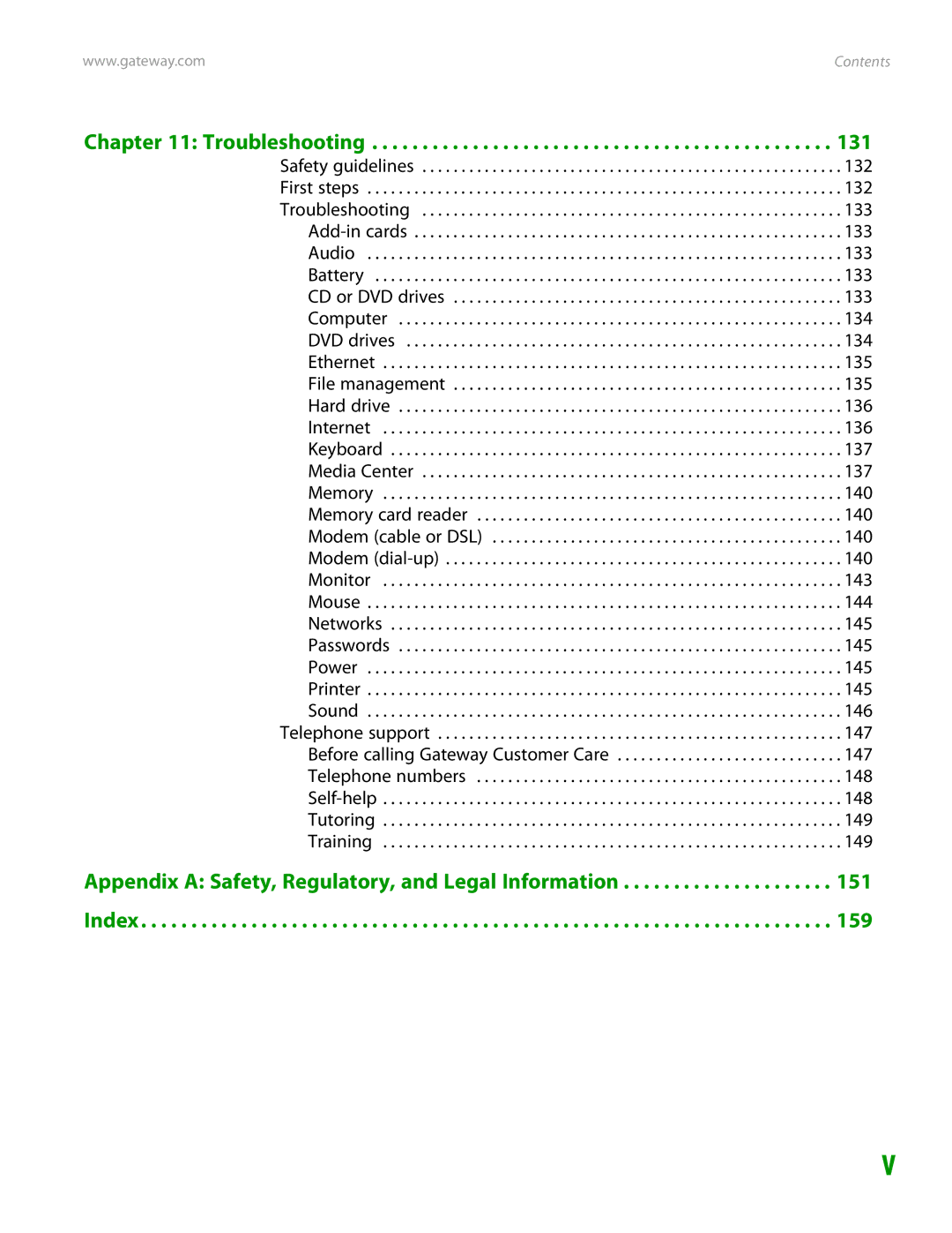 Gateway GT4015H manual Troubleshooting, Appendix a Safety, Regulatory, and Legal Information Index 