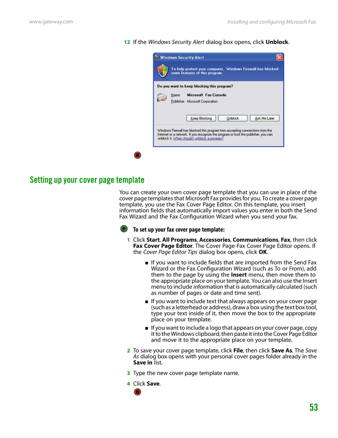 Gateway GT4015H manual Setting up your cover page template, To set up your fax cover page template 