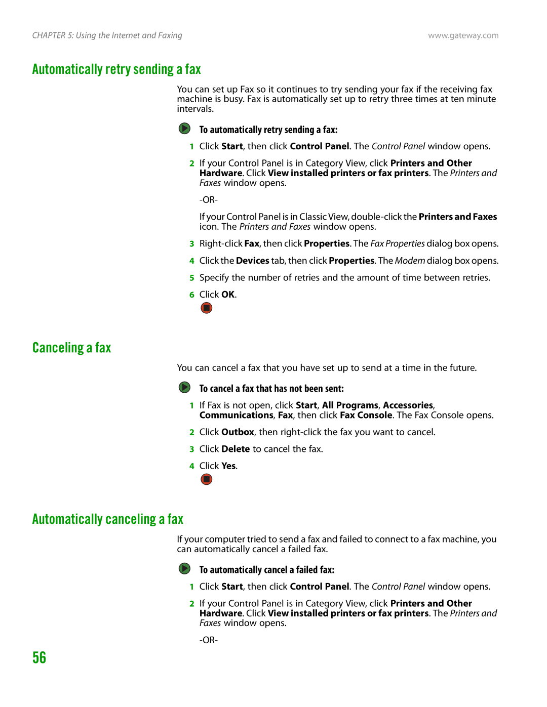 Gateway GT4015H manual Automatically retry sending a fax, Canceling a fax, Automatically canceling a fax 