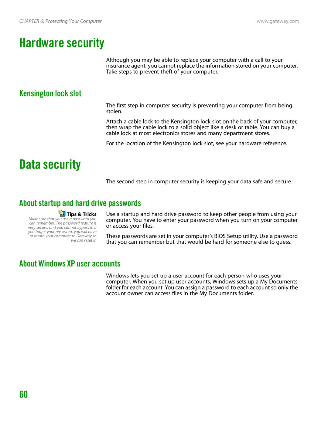 Gateway GT4015H manual Hardware security, Data security, Kensington lock slot, About startup and hard drive passwords 