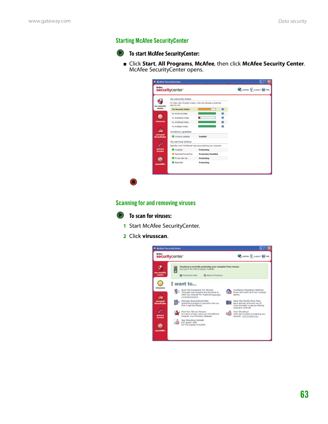 Gateway GT4015H manual Starting McAfee SecurityCenter, To start McAfee SecurityCenter, Scanning for and removing viruses 