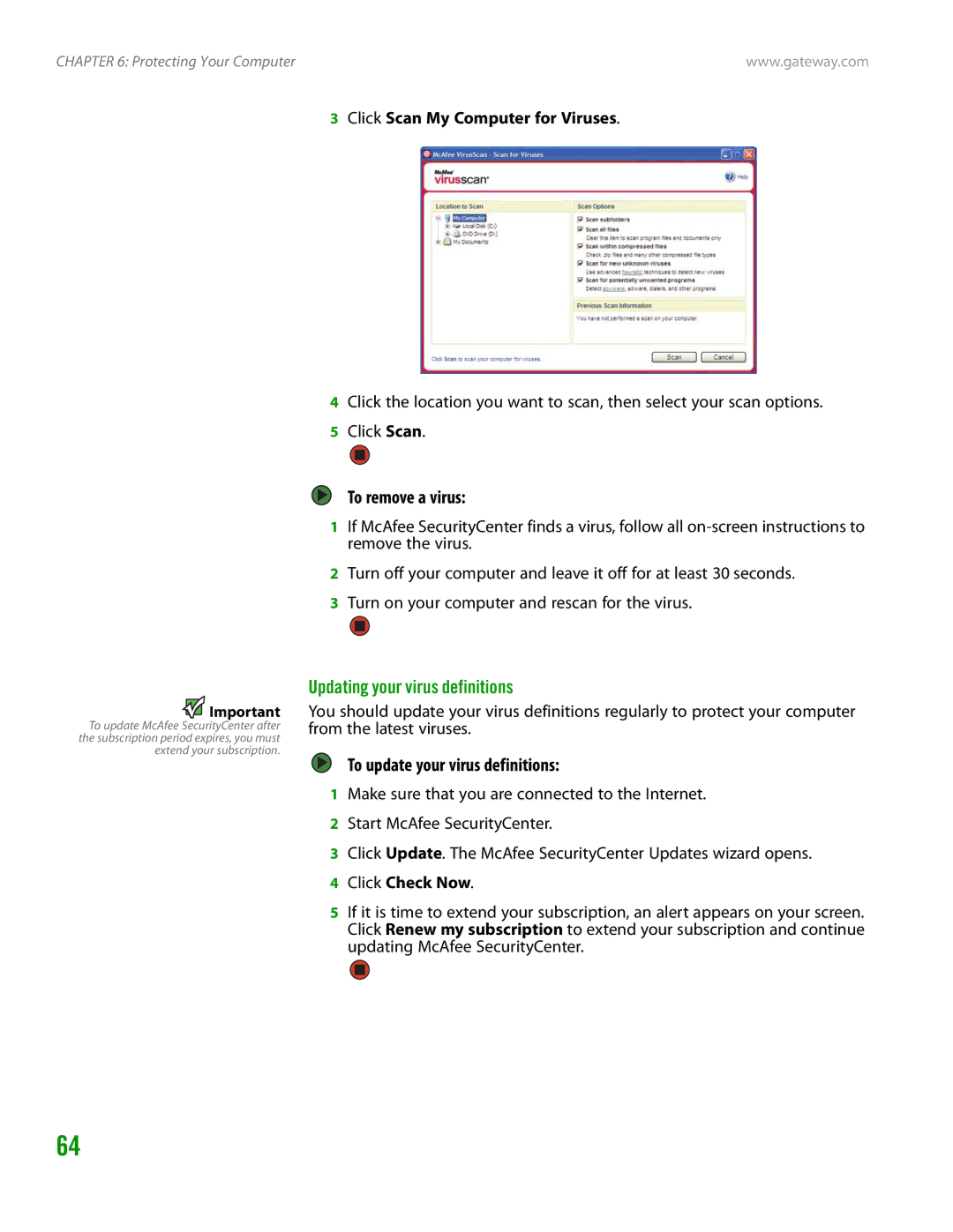 Gateway GT4015H To remove a virus, Updating your virus definitions, To update your virus definitions, Click Check Now 