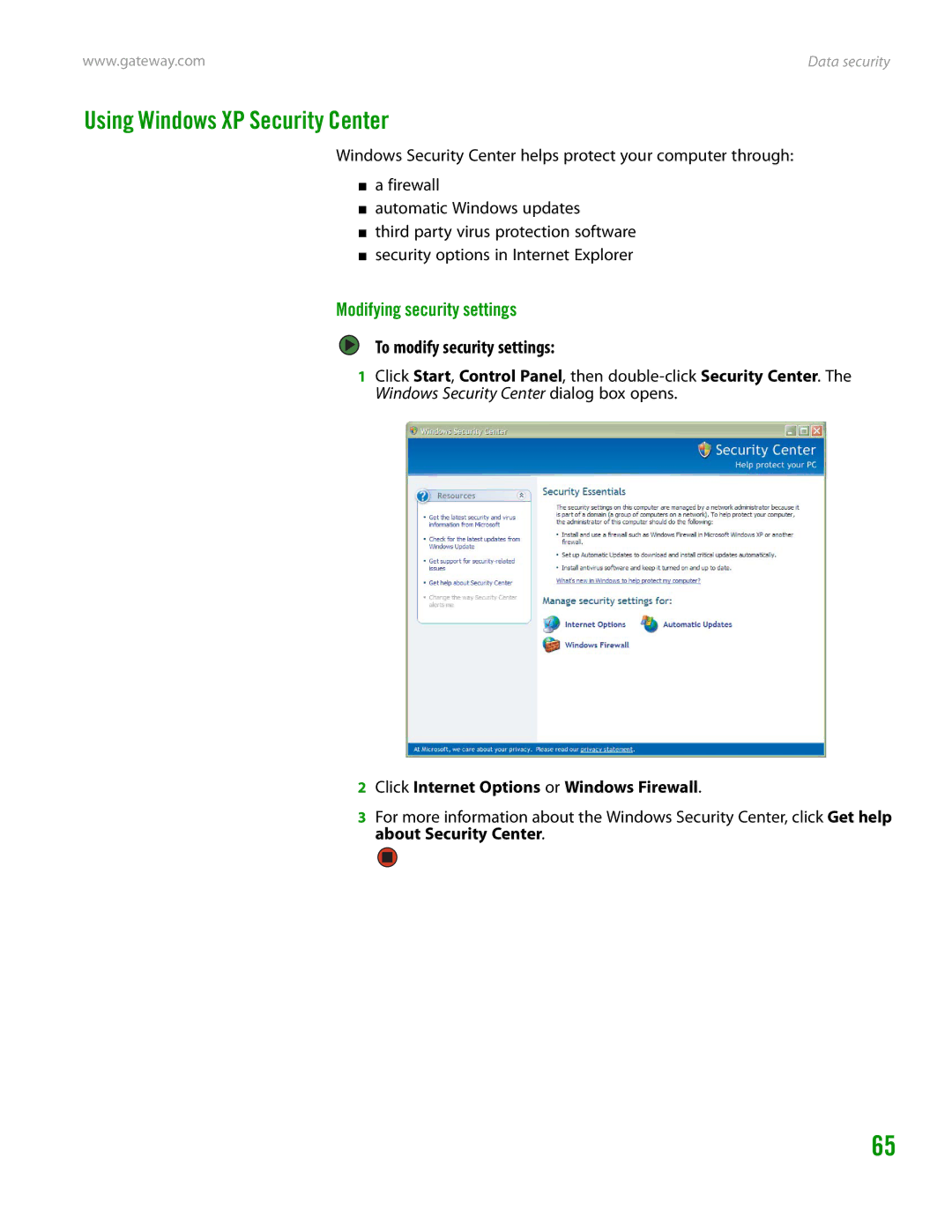 Gateway GT4015H manual Using Windows XP Security Center, Modifying security settings, To modify security settings 