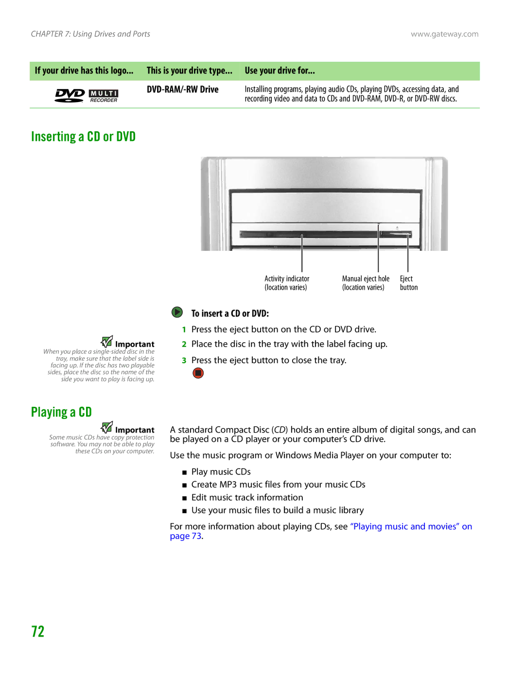 Gateway GT4015H manual Inserting a CD or DVD, Playing a CD, To insert a CD or DVD, DVD-RAM/-RW Drive 